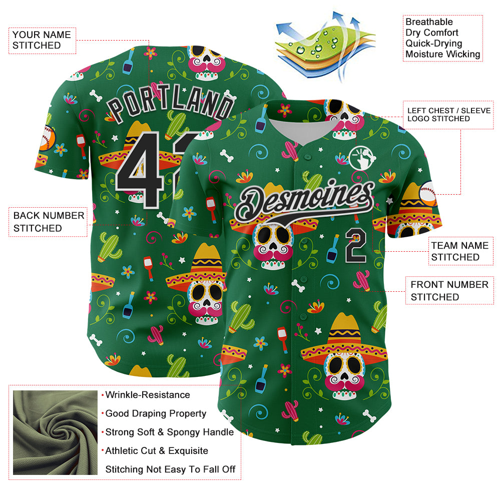 Custom Kelly Green Black-White 3D Mexican Festival Flower Skull With Sombrero Cinco de Mayo Authentic Baseball Jersey
