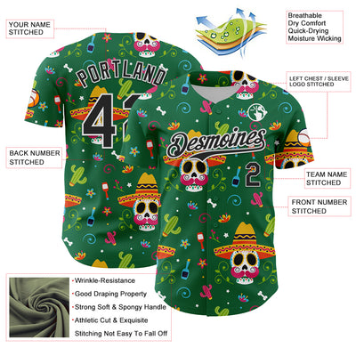 Custom Kelly Green Black-White 3D Mexican Festival Flower Skull With Sombrero Cinco de Mayo Authentic Baseball Jersey