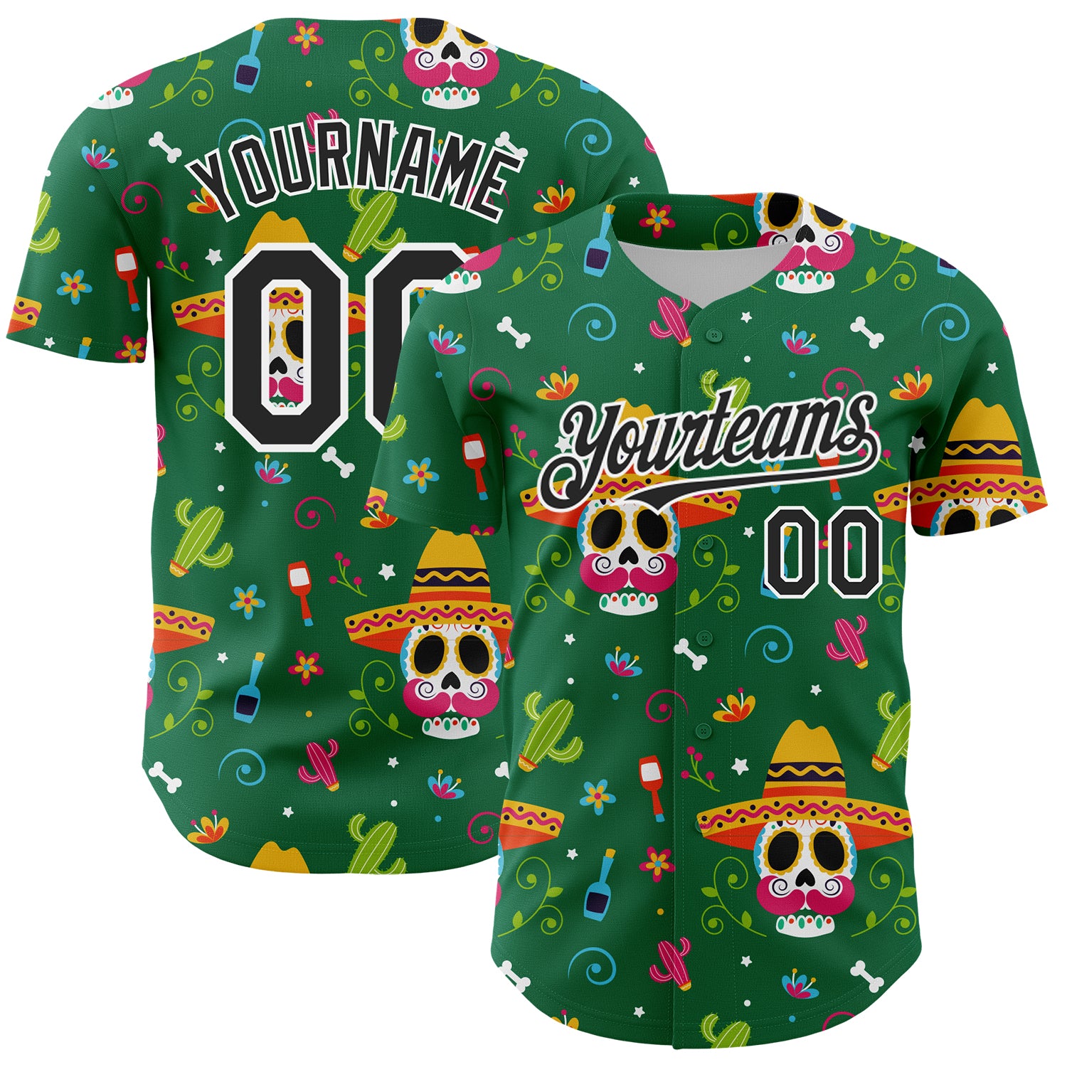 Custom Kelly Green Black-White 3D Mexican Festival Flower Skull With Sombrero Cinco de Mayo Authentic Baseball Jersey
