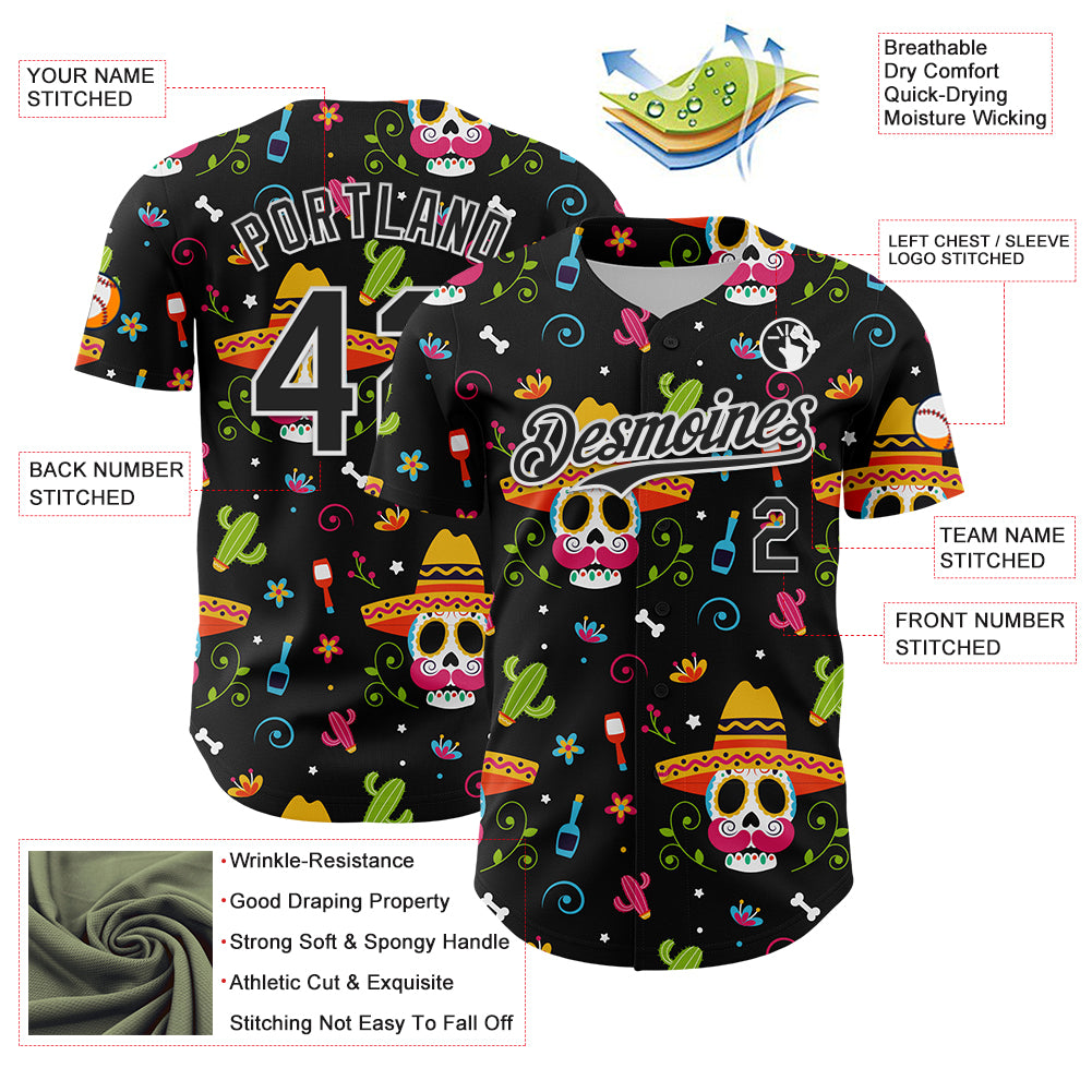 Custom Black White 3D Mexican Festival Flower Skull With Sombrero Cinco de Mayo Authentic Baseball Jersey