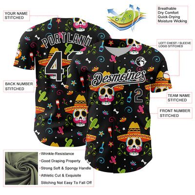 Custom Black White 3D Mexican Festival Flower Skull With Sombrero Cinco de Mayo Authentic Baseball Jersey