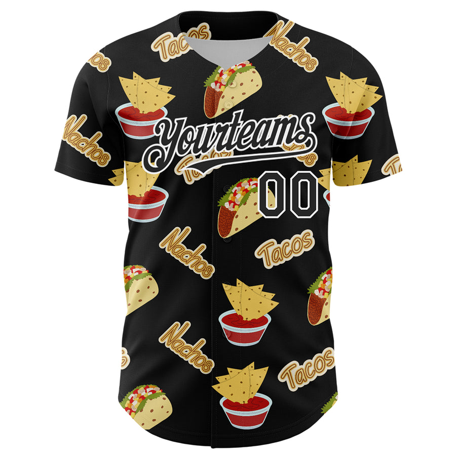 Custom Black White 3D Mexican Festival Nachos And Tacos Cinco de Mayo Authentic Baseball Jersey
