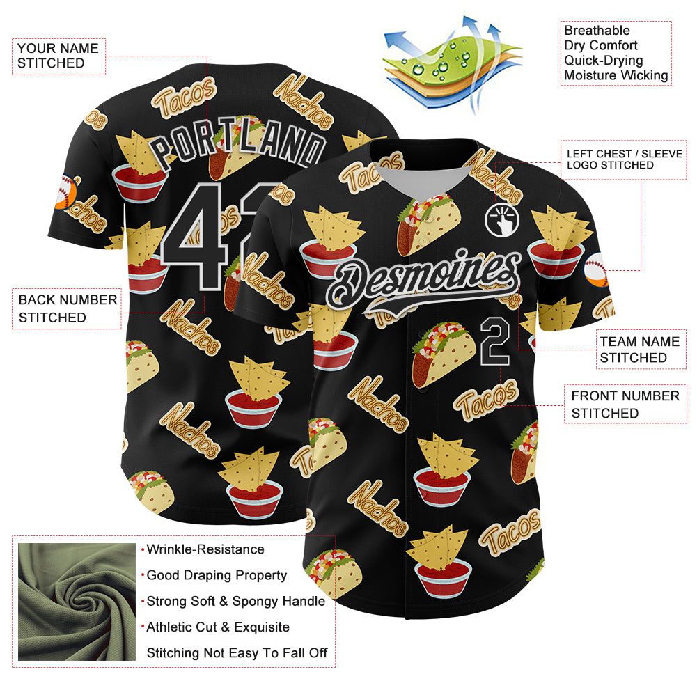 Custom Black White 3D Mexican Festival Nachos And Tacos Cinco de Mayo Authentic Baseball Jersey