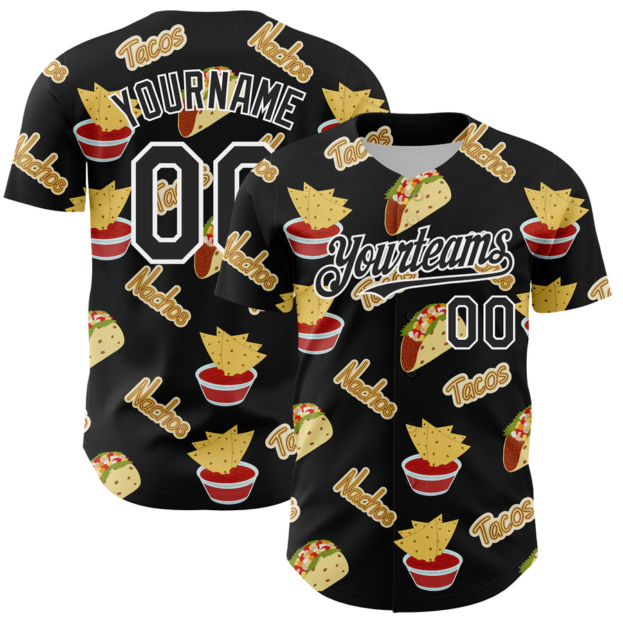 Custom Black White 3D Mexican Festival Nachos And Tacos Cinco de Mayo Authentic Baseball Jersey