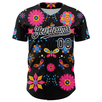 Custom Black White 3D Mexican Festival Flower Cinco de Mayo Authentic Baseball Jersey