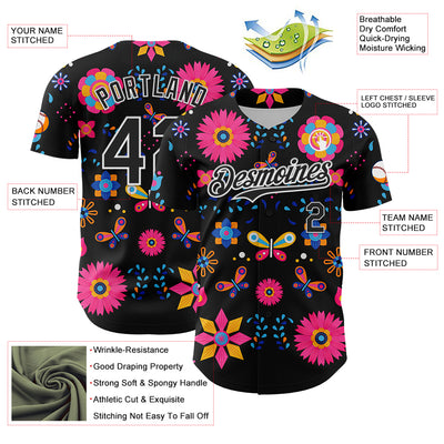 Custom Black White 3D Mexican Festival Flower Cinco de Mayo Authentic Baseball Jersey