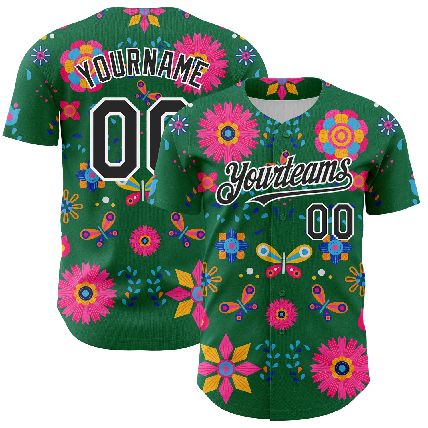 Custom Kelly Green Black-White 3D Mexican Festival Flower Cinco de Mayo Authentic Baseball Jersey