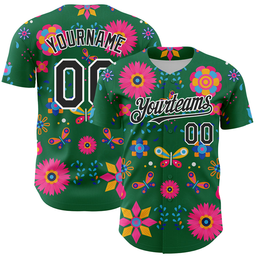 Custom Kelly Green Black-White 3D Mexican Festival Flower Cinco de Mayo Authentic Baseball Jersey