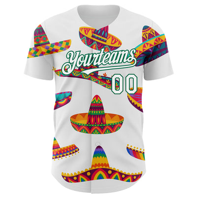 Custom White Kelly Green 3D Mexican Festival Sombrero Cinco de Mayo Authentic Baseball Jersey