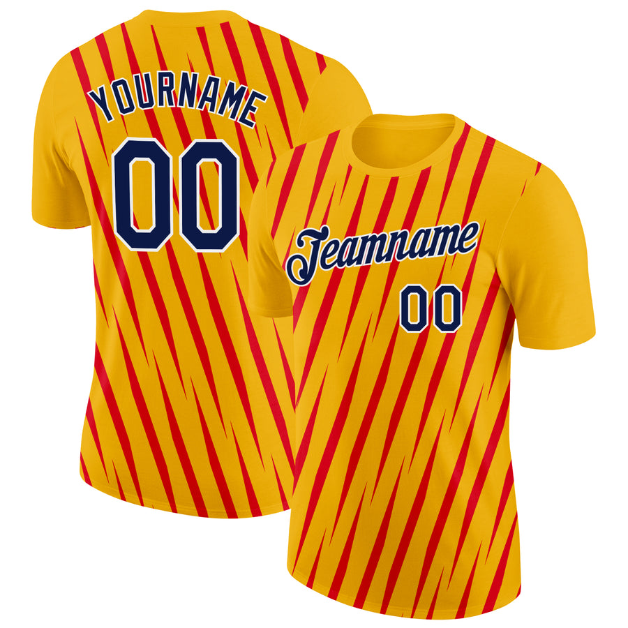 Custom Gold Navy-Fire Red 3D Esports Performance T-Shirt