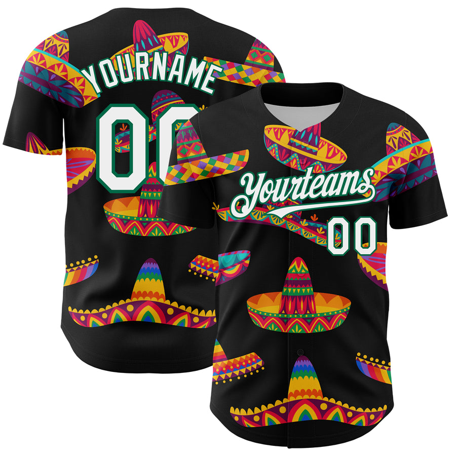 Custom Black White-Kelly Green 3D Mexican Festival Sombrero Cinco de Mayo Authentic Baseball Jersey