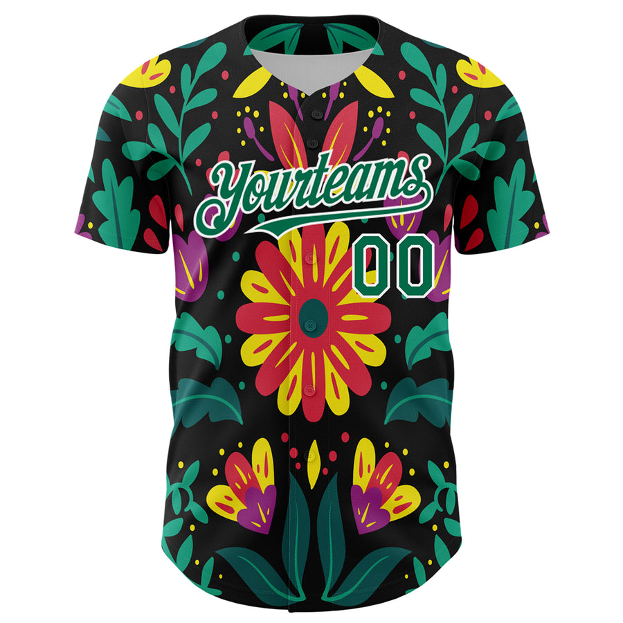 Custom Black Kelly Green-White 3D Mexican Festival Flower Cinco de Mayo Authentic Baseball Jersey