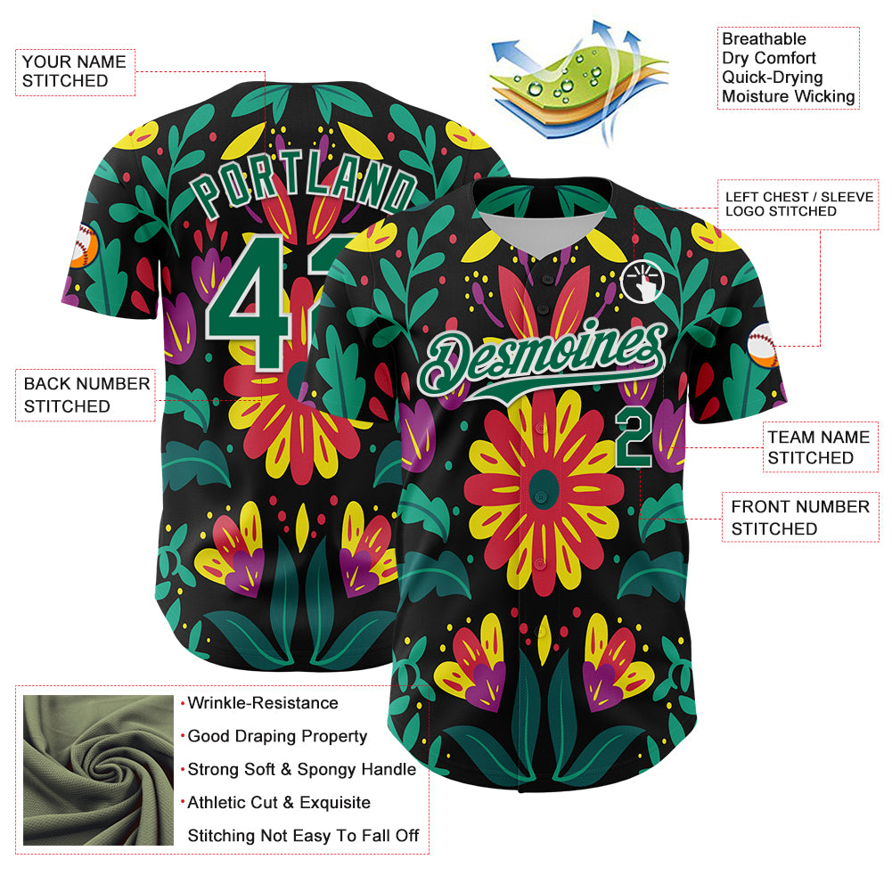 Custom Black Kelly Green-White 3D Mexican Festival Flower Cinco de Mayo Authentic Baseball Jersey
