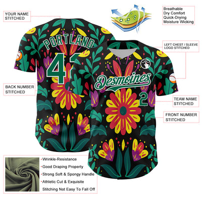 Custom Black Kelly Green-White 3D Mexican Festival Flower Cinco de Mayo Authentic Baseball Jersey