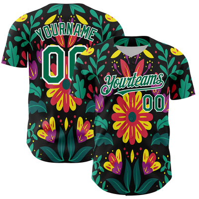 Custom Black Kelly Green-White 3D Mexican Festival Flower Cinco de Mayo Authentic Baseball Jersey