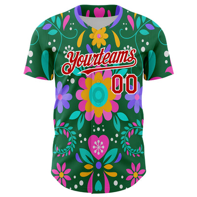 Custom Kelly Green Red-White 3D Mexican Festival Flower Cinco de Mayo Authentic Baseball Jersey