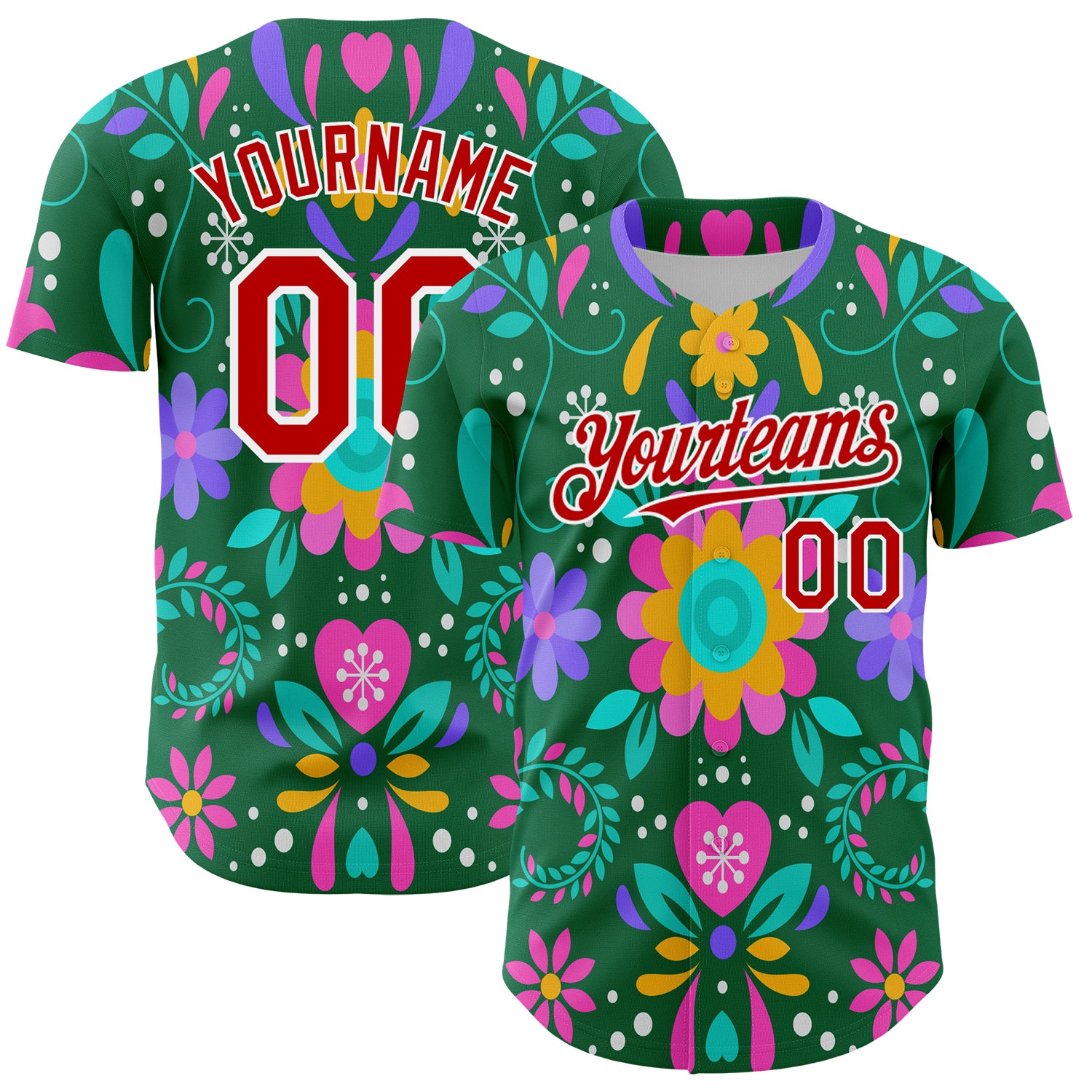 Custom Kelly Green Red-White 3D Mexican Festival Flower Cinco de Mayo Authentic Baseball Jersey