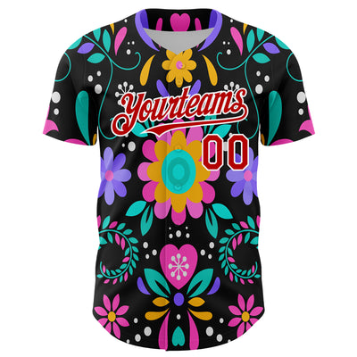 Custom Black Red-White 3D Mexican Festival Flower Cinco de Mayo Authentic Baseball Jersey