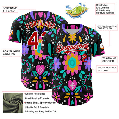 Custom Black Red-White 3D Mexican Festival Flower Cinco de Mayo Authentic Baseball Jersey