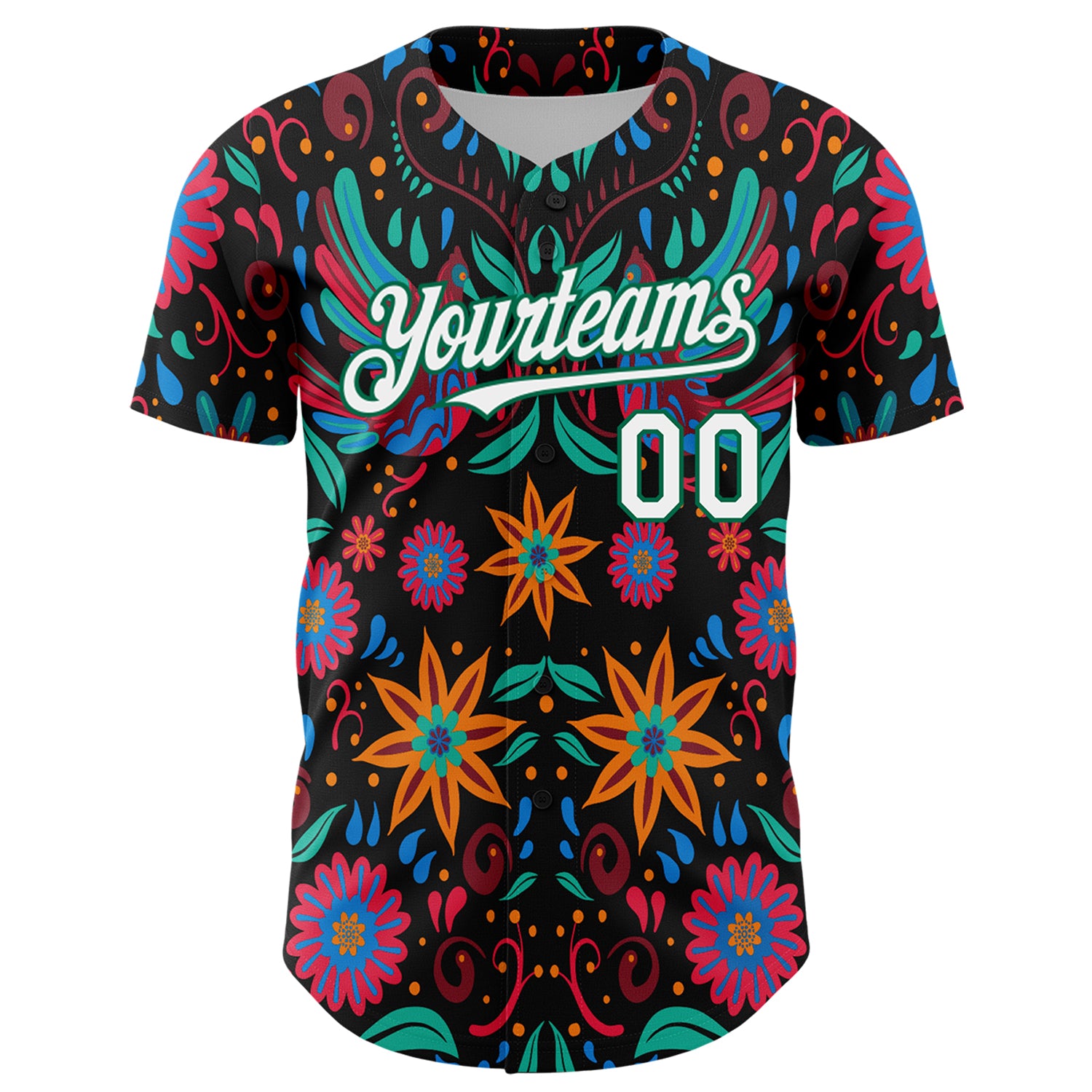 Custom Black White-Kelly Green 3D Mexican Festival Flower Cinco de Mayo Authentic Baseball Jersey