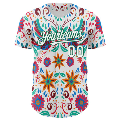 Custom White Kelly Green 3D Mexican Festival Flower Cinco de Mayo Authentic Baseball Jersey