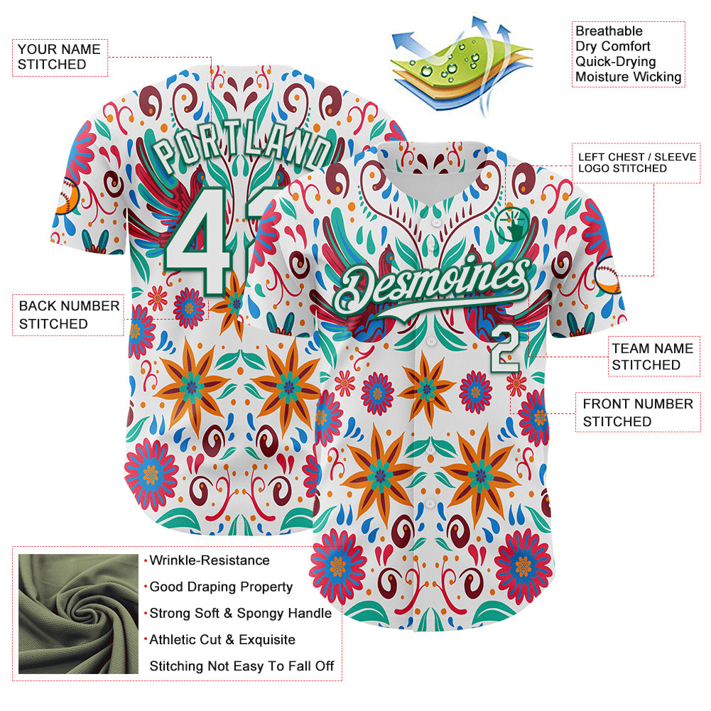 Custom White Kelly Green 3D Mexican Festival Flower Cinco de Mayo Authentic Baseball Jersey