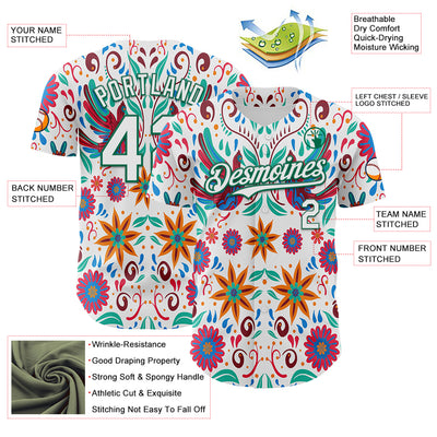 Custom White Kelly Green 3D Mexican Festival Flower Cinco de Mayo Authentic Baseball Jersey