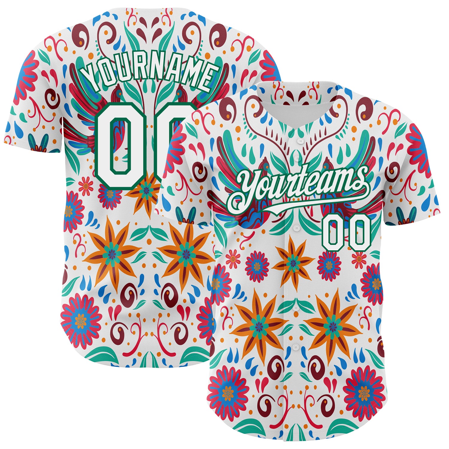 Custom White Kelly Green 3D Mexican Festival Flower Cinco de Mayo Authentic Baseball Jersey