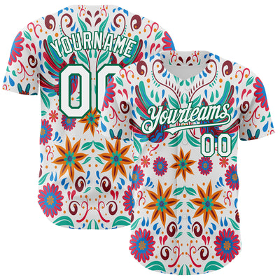 Custom White Kelly Green 3D Mexican Festival Flower Cinco de Mayo Authentic Baseball Jersey