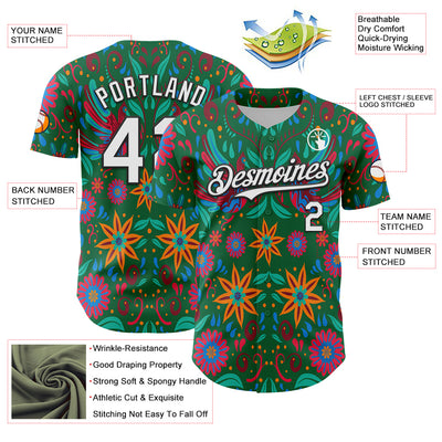 Custom Kelly Green White-Black 3D Mexican Festival Flower Cinco de Mayo Authentic Baseball Jersey