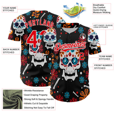 Custom Kelly Green Fire Red-White 3D Mexican Festival Flower And Skull Cinco de Mayo Authentic Baseball Jersey