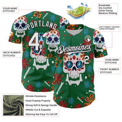 Custom Kelly Green White-Black 3D Mexican Festival Flower And Skull Cinco de Mayo Authentic Baseball Jersey