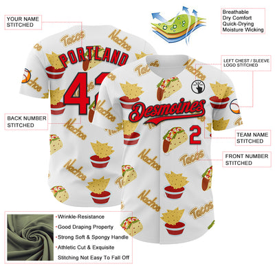 Custom White Fire Red-Black 3D Mexican Festival Taco Cinco de Mayo Authentic Baseball Jersey