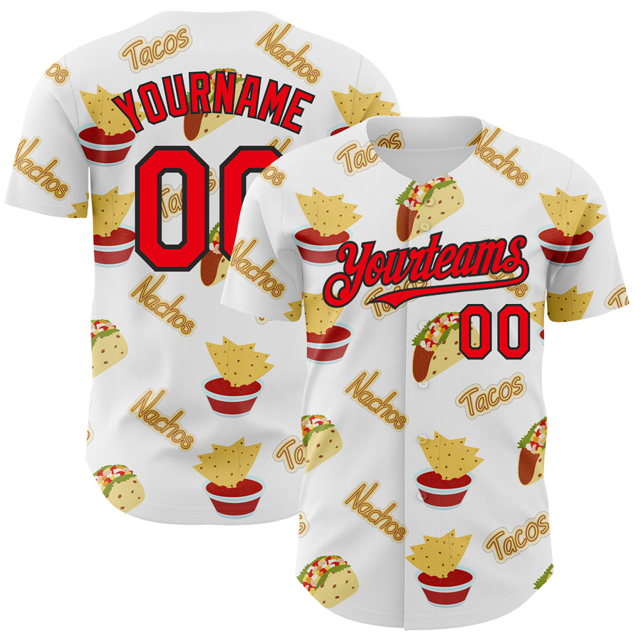 Custom White Fire Red-Black 3D Mexican Festival Taco Cinco de Mayo Authentic Baseball Jersey