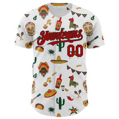 Custom White Red-Black 3D Mexican Festival Cactus Skull Sombrero Cinco de Mayo Authentic Baseball Jersey