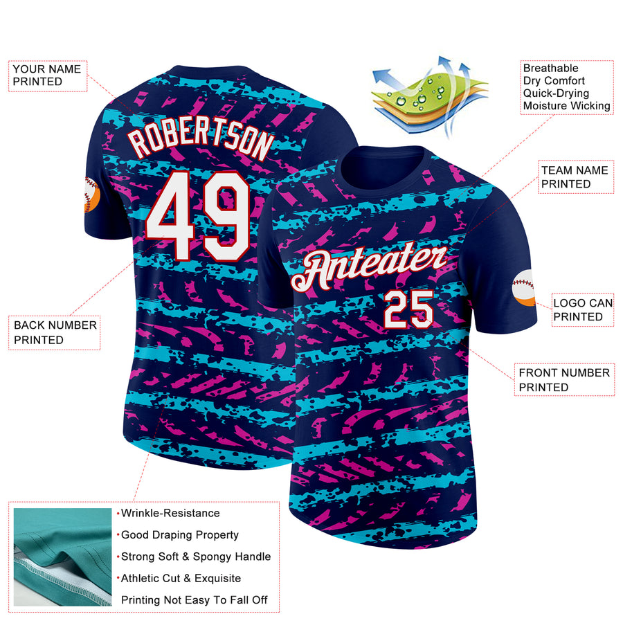 Custom Navy Lakes Blue Deep Pink-Red 3D Esports Performance T-Shirt