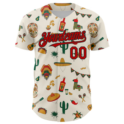 Custom Cream Red-Black 3D Mexican Festival Cactus Skull Sombrero Cinco de Mayo Authentic Baseball Jersey