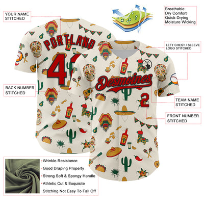 Custom Cream Red-Black 3D Mexican Festival Cactus Skull Sombrero Cinco de Mayo Authentic Baseball Jersey