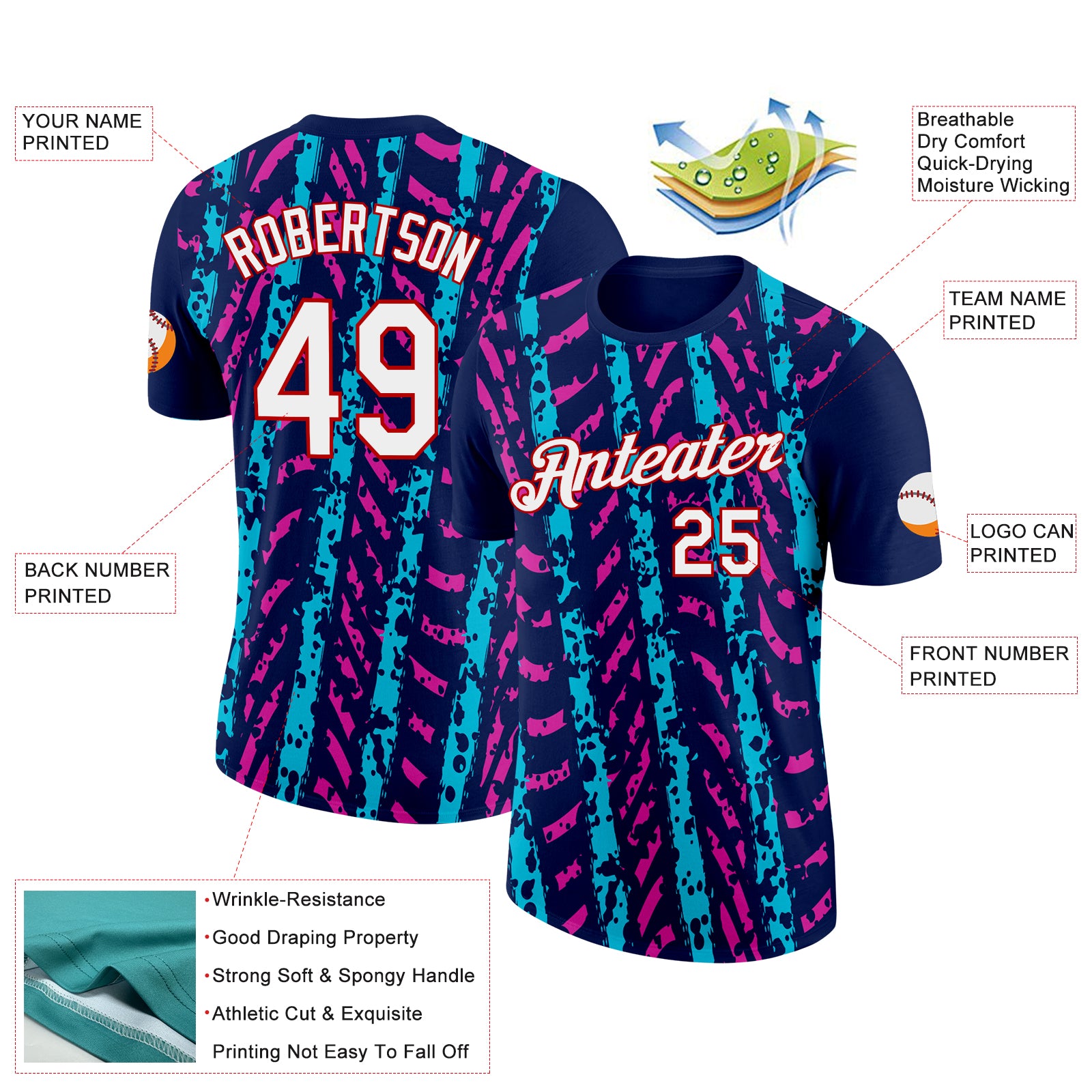 Custom Navy Lakes Blue Deep Pink-Red 3D Esports Performance T-Shirt