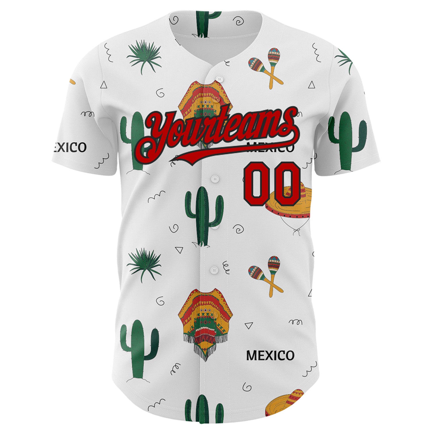 Custom White Red-Black 3D Mexican Festival Cactus And Sombrero Cinco de Mayo Authentic Baseball Jersey