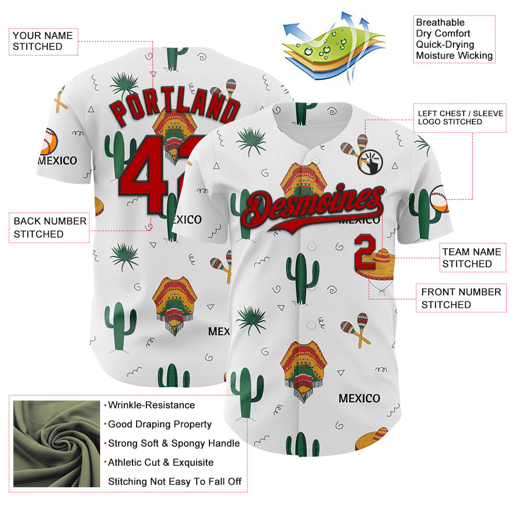 Custom White Red-Black 3D Mexican Festival Cactus And Sombrero Cinco de Mayo Authentic Baseball Jersey