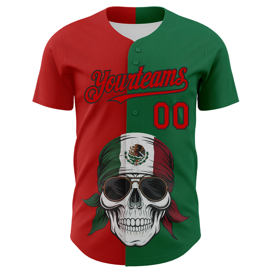 Custom Green Red-Black 3D Mexican Flag Skull Authentic Baseball Jersey