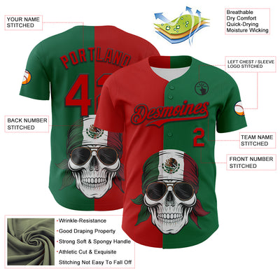 Custom Green Red-Black 3D Mexican Flag Skull Authentic Baseball Jersey