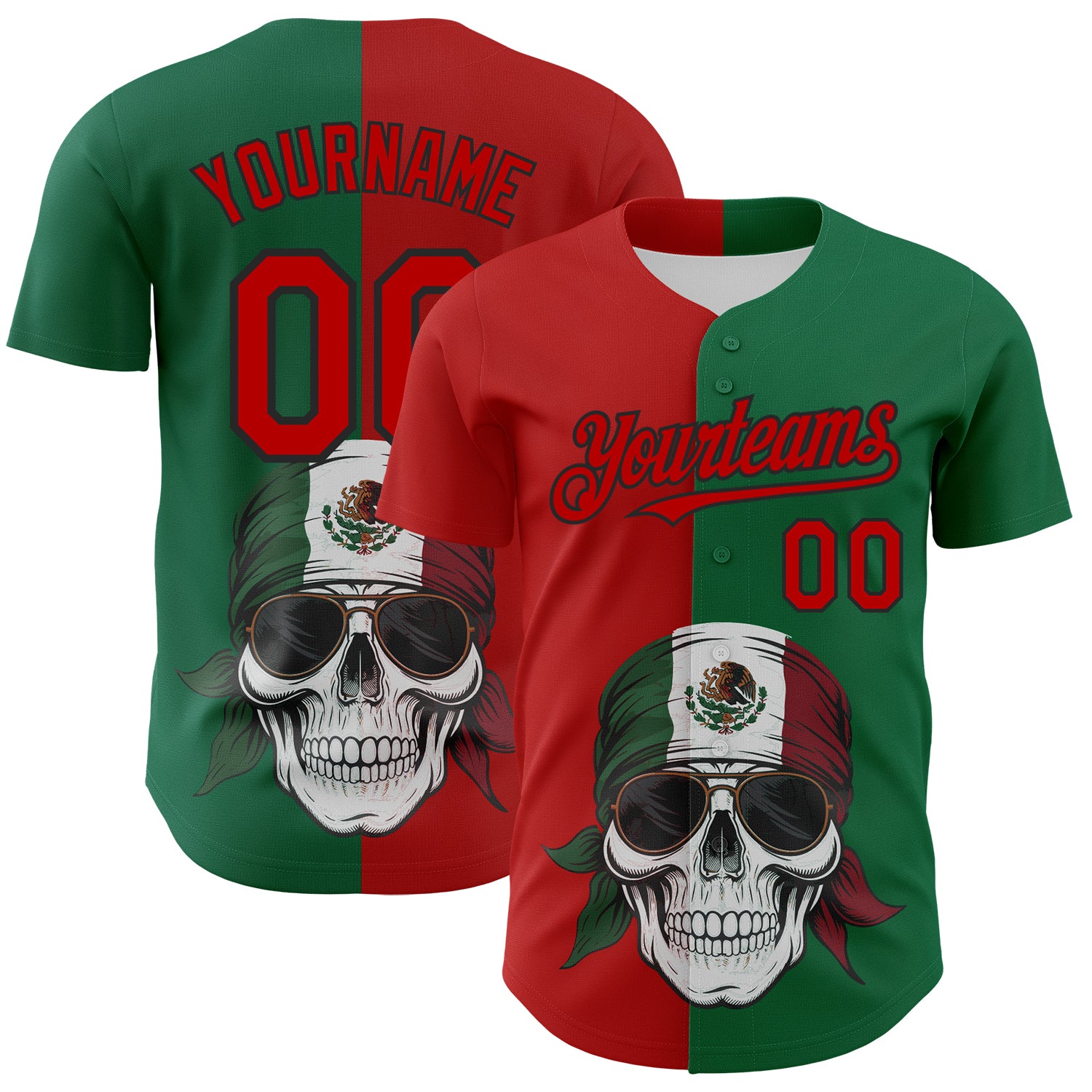 Custom Green Red-Black 3D Mexican Flag Skull Authentic Baseball Jersey