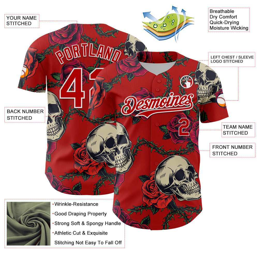 Custom Red White 3D Mexican Festival Skull And Flower Cinco de Mayo Authentic Baseball Jersey