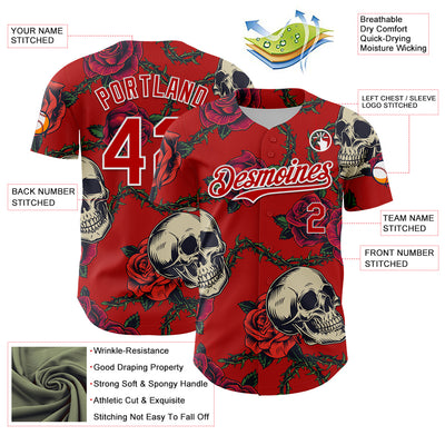 Custom Red White 3D Mexican Festival Skull And Flower Cinco de Mayo Authentic Baseball Jersey