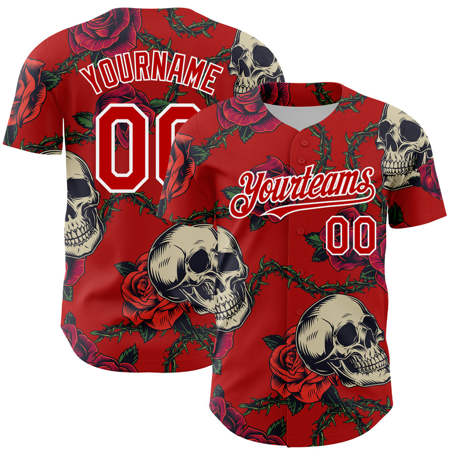 Custom Red White 3D Mexican Festival Skull And Flower Cinco de Mayo Authentic Baseball Jersey