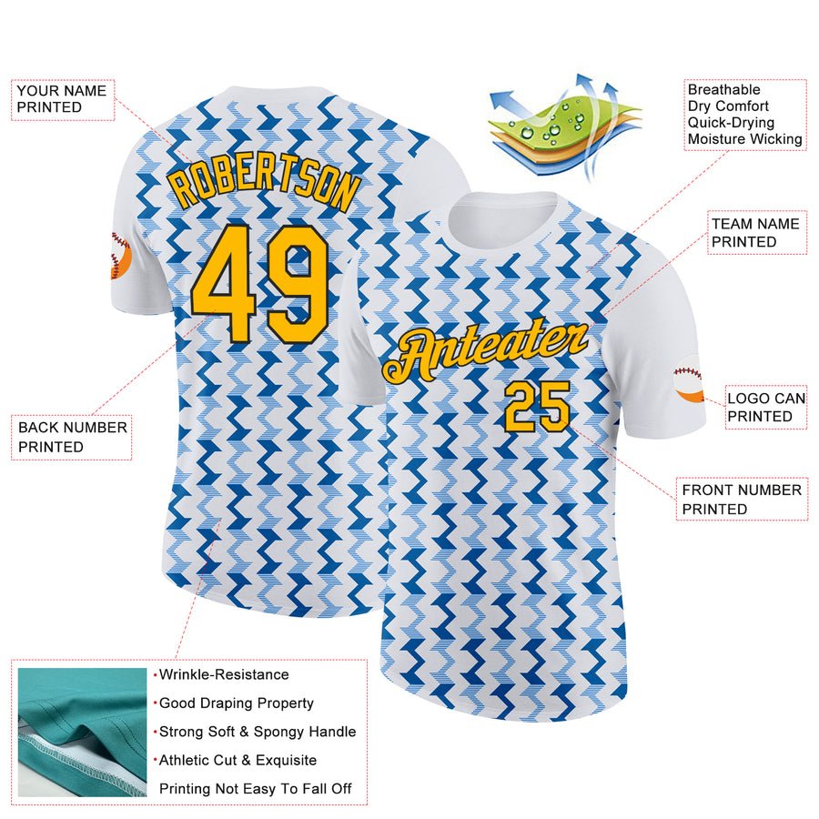 Custom White Gold Blue-Black 3D Esports Performance T-Shirt