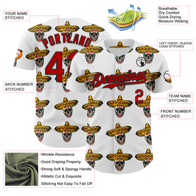 Custom White Red-Black 3D Mexican Festival Skull With Sombrero Cinco de Mayo Authentic Baseball Jersey