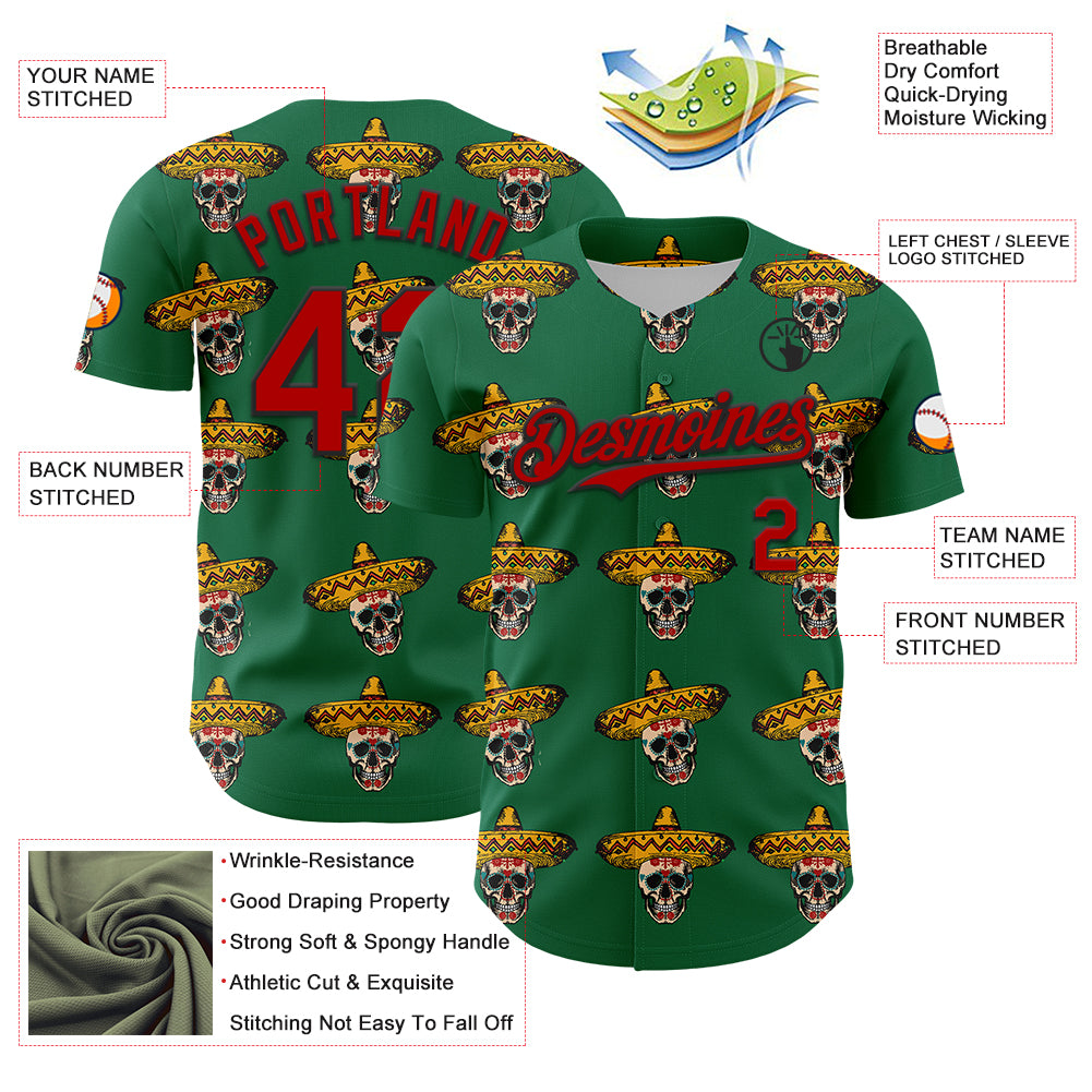 Custom Kelly Green Red-Black 3D Mexican Festival Skull With Sombrero Cinco de Mayo Authentic Baseball Jersey